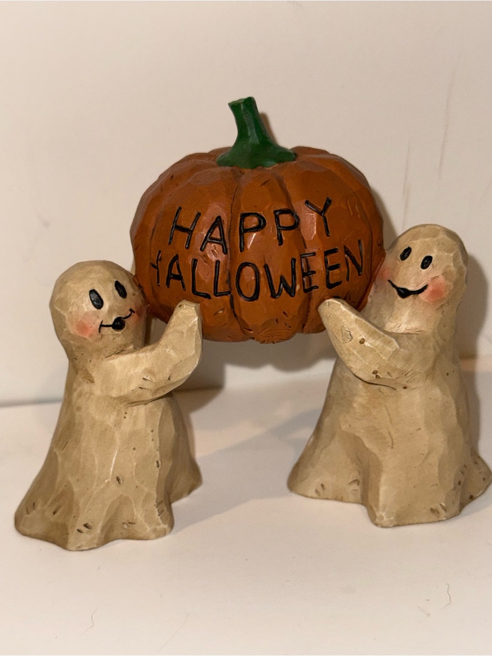 Halloween Ghosts Holding Pumpkin Table Accent - Orange and Cream 3” high